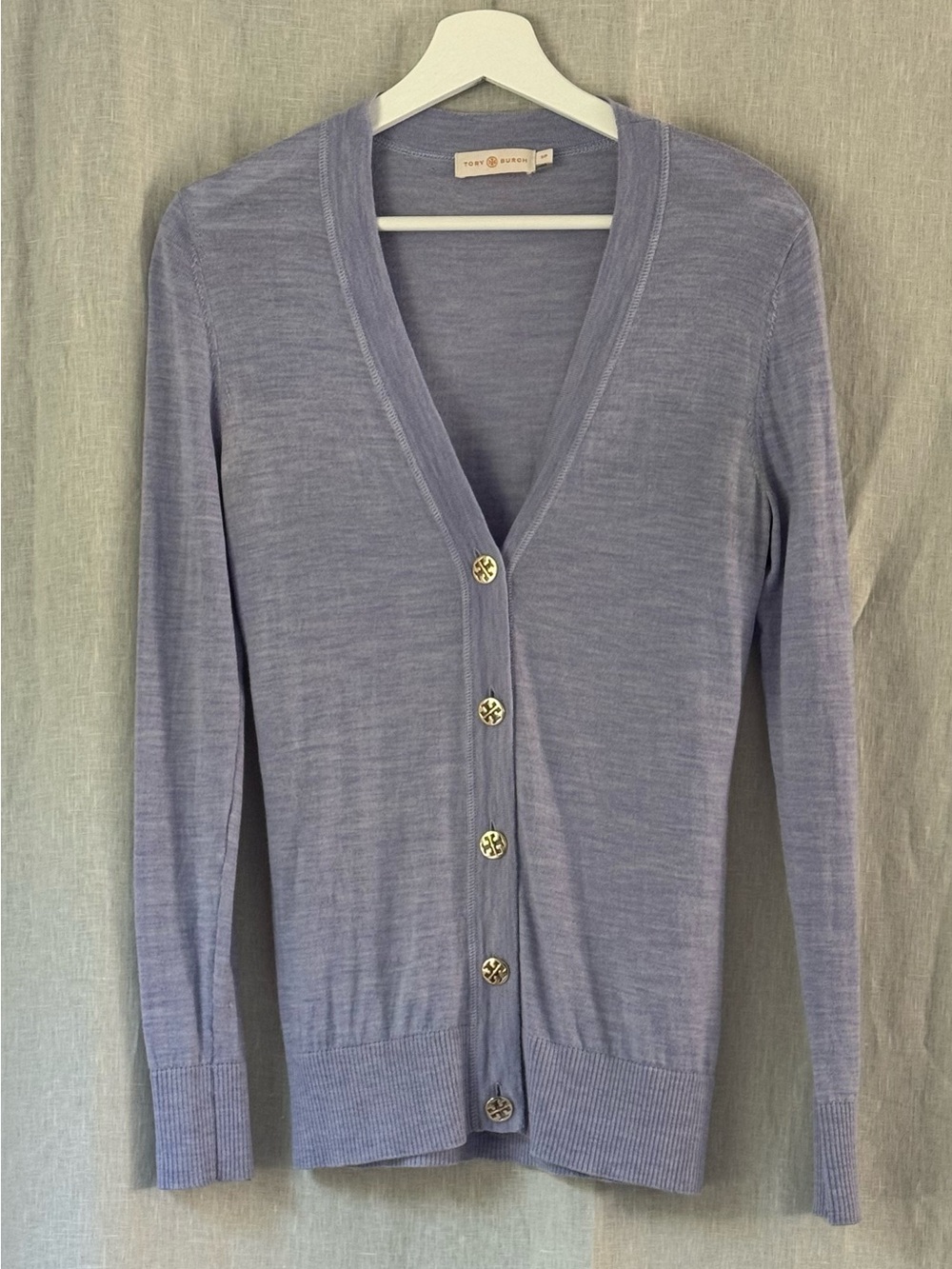 Tory Burch 100% Merino Wool Logo Button Cardigan Blue Gray Size S